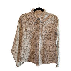 CRUEL GIRL WESTERN CUT LONG SLEEVE SHIRT SIZE LARGE WHITE TAN BLUE PEARL SNAP